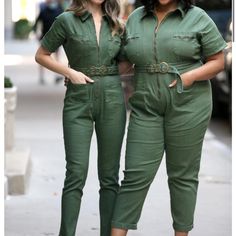 A Must-Have Color For Fall. Utility Jumpsuit Features A Relaxed-Fit, Zip-Up Bodice Framed By Twin Zip Pockets, And A Fitted High Waist. No Lining Detachable Belt Self: 70% Cotton 27% Polyester 3% Spandex Mari Wears A Size Small And Ash Wears A Size 2x. Fitted Green Jumpsuit With Pockets, Green Fitted Jumpsuits And Rompers For Work, Fitted Green Jumpsuits And Rompers For Work, Olive Jumpsuit, Black White Jumpsuit, Teal Tank Top, Tube Jumpsuit, Utility Jumpsuit, Floral Print Jumpsuit