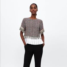 Zara Tweed Top With Pleated Detail Size: S Chic Tweed Tops For Fall, Casual Tweed Dress For Fall Workwear, Casual Tweed Dress For Fall, Casual Tweed Tops For Spring, Elegant Tweed Tops For Fall, Casual Spring Office Tweed Dress, Casual Spring Tweed Dress For Office, Casual Tweed Dress For Office In Spring, White Peasant Blouse