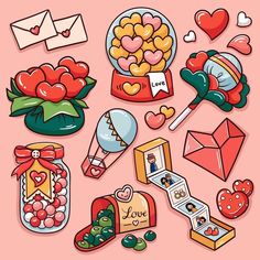 various valentine's day stickers on a pink background with hearts, candy and candies