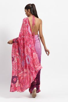 Purple silk crepe saree with all over geometric floral mosaics print and crystal-bugle bead embellishments detailing. Comes with a running blouse piece. - Aza Fashions Satya Paul, Floral Mosaic, Crepe Saree, Print Saree, Blouse For Women, Purple Silk, Bugle Beads, Printed Sarees, Blouse Pattern