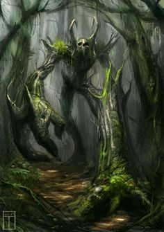 a creepy creature in the middle of a forest with moss growing on it's branches