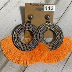 One Pair Of Orange Tassel Earrings Sparkly Earrings, Tassel Fringe, Earrings Color, Tassel Earrings, Color Orange, Tassels, Jewelry Earrings, Women Jewelry, Orange