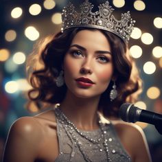 a woman wearing a tiara and holding a microphone in front of a stage with lights behind her