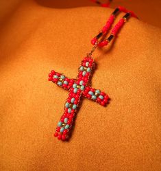 BEADED CROSS, on 23 inch necklace Beaded Cross Pendant For Jewelry Making, Spiritual Beaded Cross Pendant Necklace, Handmade Southwestern Cross Necklace, Southwestern Handmade Cross Necklace, Bohemian Beaded Cross Pendant Jewelry, Bohemian Beaded Cross Pendant Necklace, Handmade Southwestern Red Jewelry, Red Spiritual Cross Pendant Jewelry, Beaded Cross Pendant Necklace As A Gift