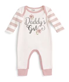 "Baby girl ivory and pink stripes romper with \"Daddy's Girl\" graphic. She'll look cute and feel comfy in this easy pull on 100% cotton romper. Snaps at bottom for changing ease. ENJOY THE SAVINGS! . . . BUT REMEMBER DISCOUNTED ITEMS ARE NON-RETURNABLE. FINAL SALE - NOT RETURNABLE SHIPPING & PROCESSING TIME Free Shipping on all Items (domestic only) via 1st Class USPS. Our usual processing time is 3-5 business days. Transit time is usually be 1-4 business days domestically, and 3-12 busines Spring Cotton Onesie For Family Matching, Family Matching Spring Cotton Onesie, Spring Family Matching Cotton Onesie, Cotton Onesie With Letter Print For Spring, Pink Cotton Onesie For Playwear, Cute Cotton Sleepwear With Letter Print, Pink Cotton Onesie With Name Print, Spring Cotton Sleepwear With Letter Print, Pink Cotton Onesie With Letter Print