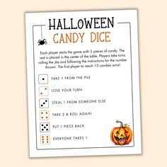 This Halloween Candy Dice game would make a great last-minute classroom activity or party game! All you'll need is some candy and a die. Digital download includes: 2 PDF files (US Letter + A4) 1 Halloween candy dice activity NOTE: This item is a digital download and no physical product will be shipped. For personal or school use only; file cannot be redistributed or used commercially. School Halloween Party Games, Halloween Candy Dice Game, Halloween School Party Games, Candy Dice Game, School Halloween Party, Candy Games, Classroom Activity, Coloring Bookmarks, Alphabet Crafts