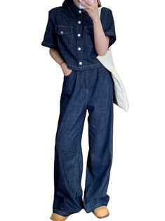 Casual style Set. Loose fit. Relaxed fit Long sleeves. Buttons down front closure. Polyester fabric. Color may be lighter or darker depending of the device it is displayed. Short Sleeve Denim Jumpsuit With Pockets, Short Sleeve Denim Jumpsuit For Work, Cotton Denim Jumpsuit With Short Sleeves, Workwear Denim Jumpsuit With Short Sleeves, Short Sleeve Dark Wash Denim Jumpsuit, Relaxed Fit Denim Jumpsuit For Work With Short Sleeves, Denim Blue Short Sleeve Jumpsuit With Pockets, Denim Blue Short Sleeve Denim Jumpsuit With Pockets, Casual Short Sleeve Denim Jumpsuit With Relaxed Fit