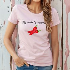 Spice up your wardrobe with this "My whole life is spicy" t-shirt! If you're a fan of all things hot and spicy, this shirt is perfect for you. Whether you love hot peppers, red hot chili peppers, or just enjoy a good kick in your food, this shirt is sure to bring some heat to your style.  🌶️ Extra soft shirt for ultimate comfort 🌶️ Perfect for hot pepper lovers and spicy foodies 🌶️ A funny t-shirt that will have everyone talking So why wait? Add this spicy shirt to your cart now and show the Hot Peppers, Hot Pepper, Hot Spicy, Red Hot Chili Peppers, Chili Peppers, Hot Chili, My Whole Life, Prism Color, Stuffed Hot Peppers