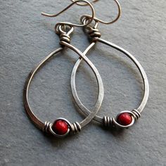 Handmade Red Teardrop Earrings, Red Wire Wrapped Drop Earrings, Red Teardrop Hoop Earrings With Ear Wire, Red Teardrop Hoop Earrings, Red Teardrop Hoop Earrings For Pierced Ears, Red Wire Wrapped Metal Jewelry, Red Hypoallergenic Dangle Hoop Earrings, Red Wire Wrapped Metal Earrings, Handmade Adjustable Red Teardrop Earrings