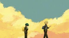 two anime characters standing in front of some clouds