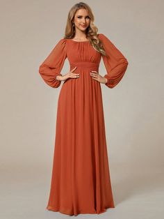 Women's Chiffon Round Neck Lantern Sleeve Dress Burnt Orange Elegant  Long Sleeve Chiffon Plain A Line Non-Stretch  Weddings & Events, size features are:Bust: ,Length: ,Sleeve Length: Burnt Orange Bridesmaid, Long Sleeve Burgundy Dress, Burnt Orange Bridesmaid Dresses, Orange Bridesmaid, Puffed Long Sleeves, Orange Bridesmaid Dresses, Burnt Orange Dress, Elegant Party Dresses, Lantern Sleeve Dress