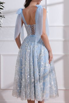 Corset 3D Floral Beaded Sky Blue Ivory Dress with Tie Straps Floral Beaded Dress, Patterned Bridesmaid, Dress With Tie Straps, Ivory Dress, Pink Ivory, Ivory Dresses, Dress With Tie, Prom Party, Tea Length