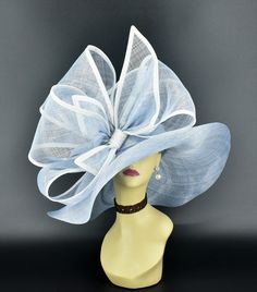 "✿*.Key Features: 100% high quality Sinamay woven material, wide brim with Jumbo bows. It's more beautiful in person! Light and comfortable! Great for Kentucky derby, weddings, Royal Ascot, horse races, cocktails, tea party, or any hat wearing occasion. Hat base size: From front to back appr: 20.5\" (52cm) From left to right appr: 21.25\" (54cm) Wide brim Appr: 7~8\" Head girth: 22.5\" (57cm) , adjustable string inside to make smaller to fit your head. If you want other colors in this style, jus Luxury Six-panel Hat For Kentucky Derby, Luxury Blue Hat For Kentucky Derby, Luxury Blue Costume Hats For Summer, Elegant Straw Hat With Structured Crown For Beach, Elegant Structured Crown Straw Hat For Beach, Blue Straw Hat For Summer Parties, Blue Structured Crown Hat For Spring, Formal Sinamay Hat With Structured Crown, Blue Spring Hat With Structured Crown