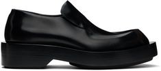 Buffed calfskin loafers in black. · Concealed elasticized gusset at vamp · Buffed leather and suede lining · Stacked leather heel and midsole · Leather sole with rubber injection · Heel: H1.75 Supplier color: Black Business Platform Slip-on Loafers With Vibram Sole, Formal Slip-on Platform Loafers With Vibram Sole, Modern Business Loafers With Vibram Sole, Modern Formal Loafers With Vibram Sole, Modern Slip-on Loafers With Rubber Heel Cap, Black Leather Loafers, Jil Sander, Leather Loafers, Sanders