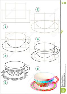 Step By Step Drawing Objects, How To Draw A Teacup, How To Draw A Tea Cup, How To Draw A Cup, How To Draw A Plate, How To Draw Objects, Step By Step Drawing For Beginners, Tea Cup Illustration, Cup Sketch