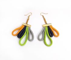 Dangle green and yellow rope earrings, made of cotton and mixed rope with gold elements. A very beautiful piece of  summer for any outfit! Cotton ropes from recycled fibers with mixed content inside. All of my jewelry are made of ropes, witch are made here in Bulgaria, near Rousse from recycled materials and fibers. They are with mixed content (cotton, polyester, linen, polyamide, wool). Inside are fill with other recycled fibers. All my pieces are fair trade, I always try to buy everything from Knitting Jewelry, Fiber Earrings, Rope Earrings, Eco Friendly Necklace, Black And White Necklaces, Black Leather Choker, Nautical Necklace, Velvet Necklace, Leather Choker Necklace