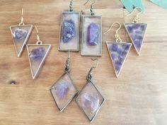 These beautiful earrings have raw amethyst cast in epoxy resin. Unique and simple earrings make the perfect birthday gift for your witchy Bestfriend, Sister or Mom!   These earrings are lightweight making them perfect for all day wear.  Handmade with high quality hypoallergenic and nickel free findings. *do not wear in water Wanna show off your new earrings? We'd love to see you strutting your stuff  with your new  earrings so be sure to tag us with @prairiesunshowers on Instagram/Facebook and T Mystical Dangle Jewelry For Gifts, Purple Bohemian Crystal Earrings As A Gift, Purple Bohemian Crystal Earrings For Gift, Nickel-free Mystical Earrings For Gift, Nickel-free Mystical Earrings Gift, Handmade Purple Earrings For Her, Bohemian Amethyst Crystal Earrings For Gift, Bohemian Amethyst Crystal Earrings As Gift, Bohemian Resin Earrings As Gift