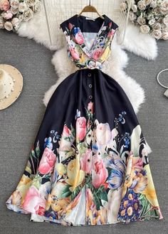 Elegant Printed Floral Long Summer Dress Pinterest Pretty, Floral Long Dress, Beach Holiday Dresses, Sophisticated Fashion, Boho Party, Summer Elegant, Lantern Sleeve Dress, Linen Clothing, Floral Dresses Long