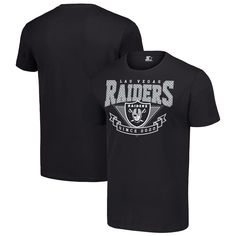 Channel the retro vibes of the Las Vegas Raiders with this Starter 80s Inspired Team Logo T-Shirt. This throwback tee features a bold Las Vegas Raiders wordmark printed across the torso for a vintage vibe. Made from 100% cotton, it offers a comfortable fit and feel that's perfect for everyday wear. Black Fan Gear T-shirt With Text Print, Black T-shirt With Text Print For Fans, Graphic Tee T-shirt With Logo For Fan Gear, Graphic Tee With Logo Print For Fan Gear, Black Retro T-shirt With Text Print, Black Short Sleeve Throwback T-shirt, Throwback T-shirt With Logo Print For Game Day, Streetwear Team Spirit T-shirt With Text Print, Throwback Fan Merchandise T-shirt With Letter Print