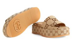 (WMNS) Gucci GG Lame Platform Slide Sandal 'Camel Monogram' 623212-UKO00-2580 Platform Slides, Slide Sandals, Camel, Monogram, Gucci, Sandals, Wardrobe