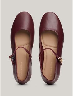 Tommy Hilfiger women's shoe. Elegant yet comfortable, these ballet flats feature a Mary Jane-style strap that fastens with a TH monogram buckle.  Material: 100% Leather (fwa). 2023 Clothes, Black Dress Shoe, Tommy Hilfiger Women Shoes, Red Ballet Flats, Polo Shoes, Collage Elements, Church Fits, Mary Jane Shoes Flat, Mary Jane Ballet Flats