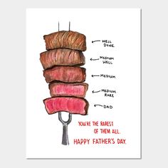 a greeting card with a drawing of a stack of steaks on top of a fork