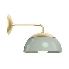 a light that is on top of a white wall mounted lamp with a gold arm