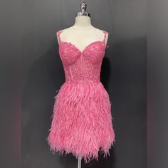 Sherri Hill #55178 Leaf Lace Embroidered Corset Top With Feathered Skirt. Color Is Bright Pink New With Tags. Never Worn Or Altered Fitted Lace Dress With Feather Trim, Embroidered Corset Top, Embroidered Corset, Sherri Hill Dresses, Sherri Hill, Quince, Corset Top, Bright Pink, Prom Dresses