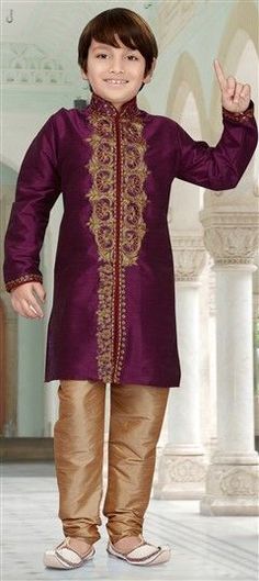 202071: Purple and Violet color Boys Kurta Pyjama in Art Dupion Silk fabric with Embroidered, Stone, Thread, Zari work Purple Long Sleeve Traditional Wear With Embroidered Border, Purple Long Sleeve Sets With Self Design, Multicolor Sherwani With Intricate Embroidery For Festivals, Embroidered Purple Kurta For Transitional Season, Purple Embroidered Long Sleeve Churidar, Purple Long Sleeve Traditional Wear For Transitional Season, Purple Embroidered Long Sleeve Set, Transitional Purple Traditional Wear With Long Sleeves, Purple Kurta With Intricate Embroidery For Festivals