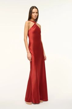 CADENCE DRESS RUST Rust Dress, Dress Inspo, Satin Gown, Satin Maxi, Satin Maxi Dress, Jewel Neck, Halter Neckline, Satin Dresses, Bridesmaid Dress