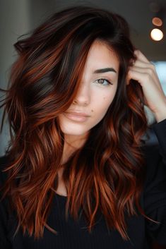 BlackandCopperHairDyeIdeas161 Brown And Auburn Hair Balayage, Cooper Highlights On Dark Hair, Auburn Peekaboo Hair, Fall Fun Hair Color, Chocolate Brown Ombre Hair, Black Hair With Copper Highlights, Ginger Peekaboo Hair, Cooper Balayage Brunettes, Copper Hair With Dark Roots