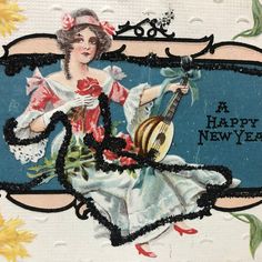 a happy new year postcard with a woman playing the luteboon and sunflowers