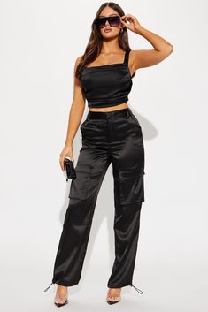 Available In Black. Satin Jogger Pant High Rise Hook & Eye Closure Zip Fly Elastic Back Waistband Cargo Pockets Toggler Hem Stretch 97% Polyester 3% Spandex Imported | Influence You Satin Jogger Pant in Black size Small by Fashion Nova Satin Joggers, Black Mesh Top, Bottom Clothes, Hook Eye, Black Satin, Jogger Pants, Bottoms Pants, New Black, Black Fashion