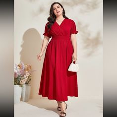 Plus Size Dress Designs, Red Dresses Plus Size, Red Dress Plus Size, Red Colour Dress, Attractive Dresses, Simple Frocks, Frock Fashion, Business Formal Dress, Puff Sleeve Dress