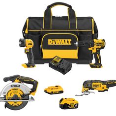 the dewall tool kit includes two cordless drillers, a circular saw and a case