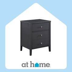 a black night stand with two drawers and the words at home above it on a blue background