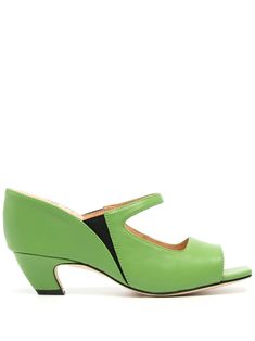 apple green leather two-tone design cut-out detailing slip-on style open toe branded insole low cone heel Green Leather Slip-on Heels, Green Open Toe Sandals With Sculpted Heel, Green Heels With Contrasting Heel Counter And Round Toe, Green Sandals With Contrasting Heel Counter, Green Sandals With Contrasting Heel Counter For Spring, Spring Green Sandals With Contrasting Heel Counter, Spring Green Heels With Leather Sole, Modern Green Open Heel Heels, Green Open Toe Sandals With Leather Sole