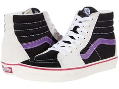 Vans SK8-Hi - Skate Shoes : (Retro Sport) Black/Amaranth Purple : Keep it old school every step of the way with the classic Vans SK8-Hi skateboard shoes! High-top skate shoes with a classic silhouette and Sidestrap detail. Uppers of suede, leather, or canvas. Cotton drill lining. Padded collar for added comfort and support. Triple-stitch collar adorns collar. Die-cut EVA insert. Vulcanized construction: • Slimmed-down profile offers a flexible feel. • Gum rubber outsole with signature waffle tre Lebron James Shoes, Skater Outfits, Skateboarding Shoes, Shoes Retro, Classic Vans, Retro Sport, Skateboard Shoes, Vans Sk8 Hi, Chic Leather