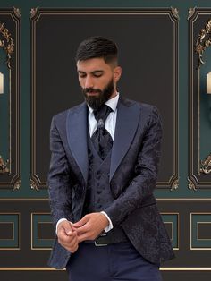 4 Piece Mens Slim Fit Blue Floral Tuxedo Peak Lapel | Weddings and special Occasions Tuxedo Superior Quality Package includes  Jacket, Vest, Pants, Tuxedo Tie, Tuxedo Shirt, brooch flower.  Shipped in large box to preserve the shape  Top quality guaranteed Luxury Three-piece Suit For Party, Royal Fitted Tuxedo For Formal Occasions, Royal Fitted Tuxedo For Formal Events, Elegant Fitted Tuxedo For Ceremony, Elegant Tailored Three-piece Wedding Suit, Elegant Blue Three-piece Suit For Wedding, Blue Tuxedo Style Three-piece Suit For Wedding, Tailored Royal Suits For Wedding, Elegant Three-piece Wedding Suit