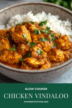 slow cooker chicken vindalloo recipe in a bowl with rice and cilantro