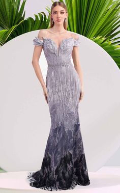 Janique 15150 Amethyst Off Shoulder Design, Ombre Lace, Mother Of The Bride Gown, Exquisite Gowns, Embellished Gown, Essential Dress, Evening Dresses For Weddings, Illusion Neckline, Bride Gowns