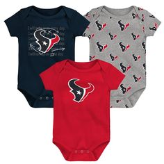 Welcome the littlest fan to the Houston Texans family with this adorable Team Starter 3-Pack Bodysuit Set. The lap shoulder neckline and three snaps at the bottom make dressing a breeze, while the Houston Texans graphics proudly display your family's team spirit. This three-pack of bodysuits is the perfect way to for the newest fan to show support for the Houston Texans family. Grey Bodysuit, Nfl Gear, Uniform Design, Houston Texans, Long Sleeve Bodysuit, Team Spirit, Free Shopping, Simple Dresses, Dress Making