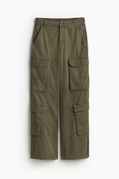 Wide-leg pants in cotton twill. Zip fly with button  diagonal side pockets  open back pockets  and a bellows pocket at each side with flap.