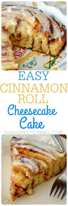 an easy cinnamon roll cheesecake cake with icing