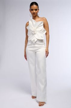 CHERRY BLOSSOM STRAPLESS STATEMENT JUMPSUIT IN WHITE Statement Jumpsuit, Strapless Neckline, Blossom Design, Spring Is Here, Sleeveless Jumpsuits, Cherry Blossom, Bodice, Straight Leg, Blossom