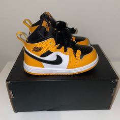 Jordan 1 Mid Toddler Size 7 With Box Worn Once! Yellow Non-slip Sneakers For Streetwear, Yellow Non-slip Sneakers With Round Toe, Yellow Non-slip Sneakers, Baby Walker, Kids Jordans, Jordan 1 Mid, Toddler Sizes, Yellow Black, Jordan Shoes