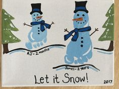 two snowmen with hats and scarfs are depicted in this hand painted christmas card