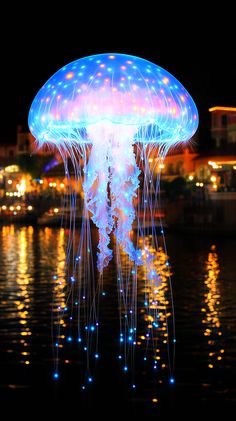 a large jellyfish floating on top of a lake next to a city at night