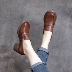 Gender: Women Item Type: Shoes Main Material: Cow Leather Style: Casual, Classic, Retro Season: Spring, Summer, Autumn Heel Type: Wedge Upper Material: Cowhide Outsole Material: Rubber Heel Height: Mid-Heel (3-5 cm) Color: Black, Brown Size: 35,36,37,38,39,40 Size Length cm inch 35 22.5 8.86  36 23 9.06  37 23.5 9.25 Casual High Heel Leather Shoes Medium Width, Casual Leather High Heel Shoes Medium Width, Casual Court Shoes With Padded Heel And Almond Toe, Brown Round Toe Platform Loafers For Spring, Spring Brown Leather Shoes With Padded Heel, Office Heels With Round Toe And Slip-on Fit, Slip-on Heels With Round Toe For Office, Office Heels With Slip-on Fit And Round Toe, Slip-on Round Toe Heels For Office