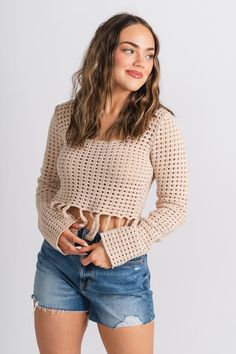 Crochet fringe hem top taupe - Trendy top - Cute Vacation Collection at Lush Fashion Lounge Boutique in Oklahoma City Crochet Fringe, Trendy Crochet, Capri Blue, Under Dress, Hem Top, Mom Tees, Women's Boutique, Oklahoma City, Ladies Boutique